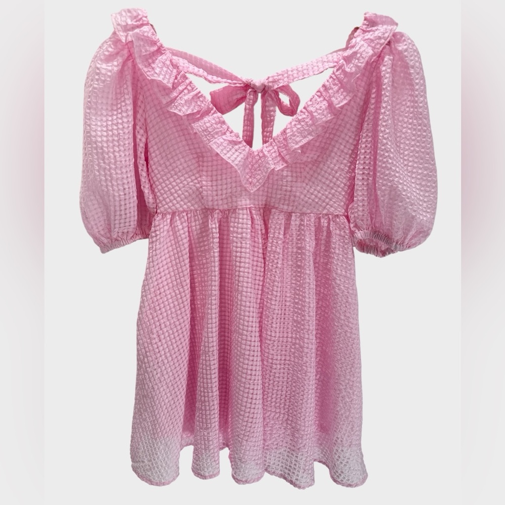 Mable Pink Gingham Puff Sleeve Ruffle Tie Back Mini Dress Coquette Romantic S - Picture 3 of 13